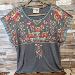 Savannah Jane Heather Gray Embroidered Cap Sleeve Top